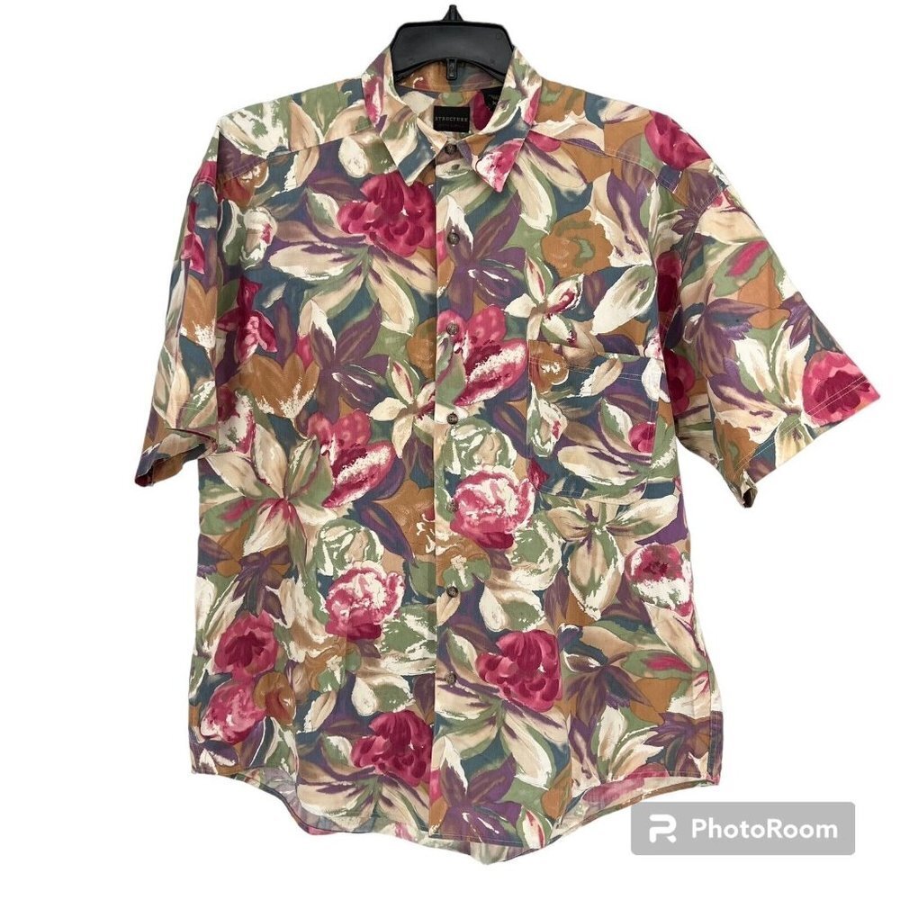Vintage Structure Mens Floral‎ Button Front XL Cotton Casual Shirt